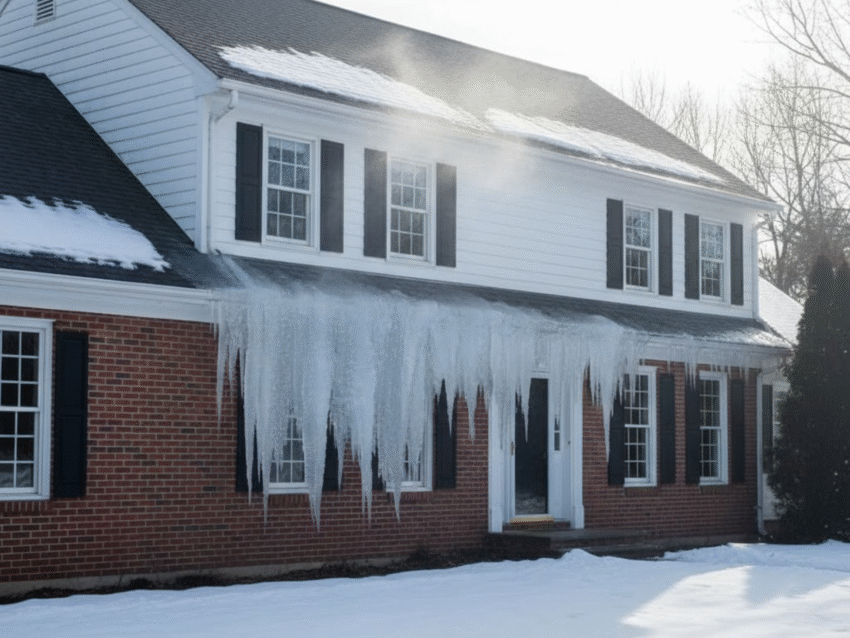 Ice dams in CT — water trapped behind ice ridge after snow melt